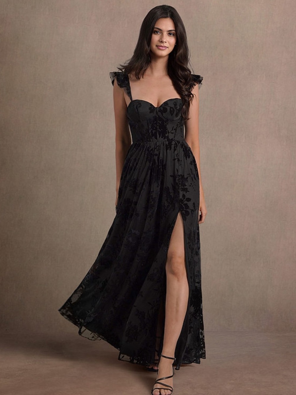 Azazie Kendie Black Floral Lace Maxi Gown with Thigh Slit